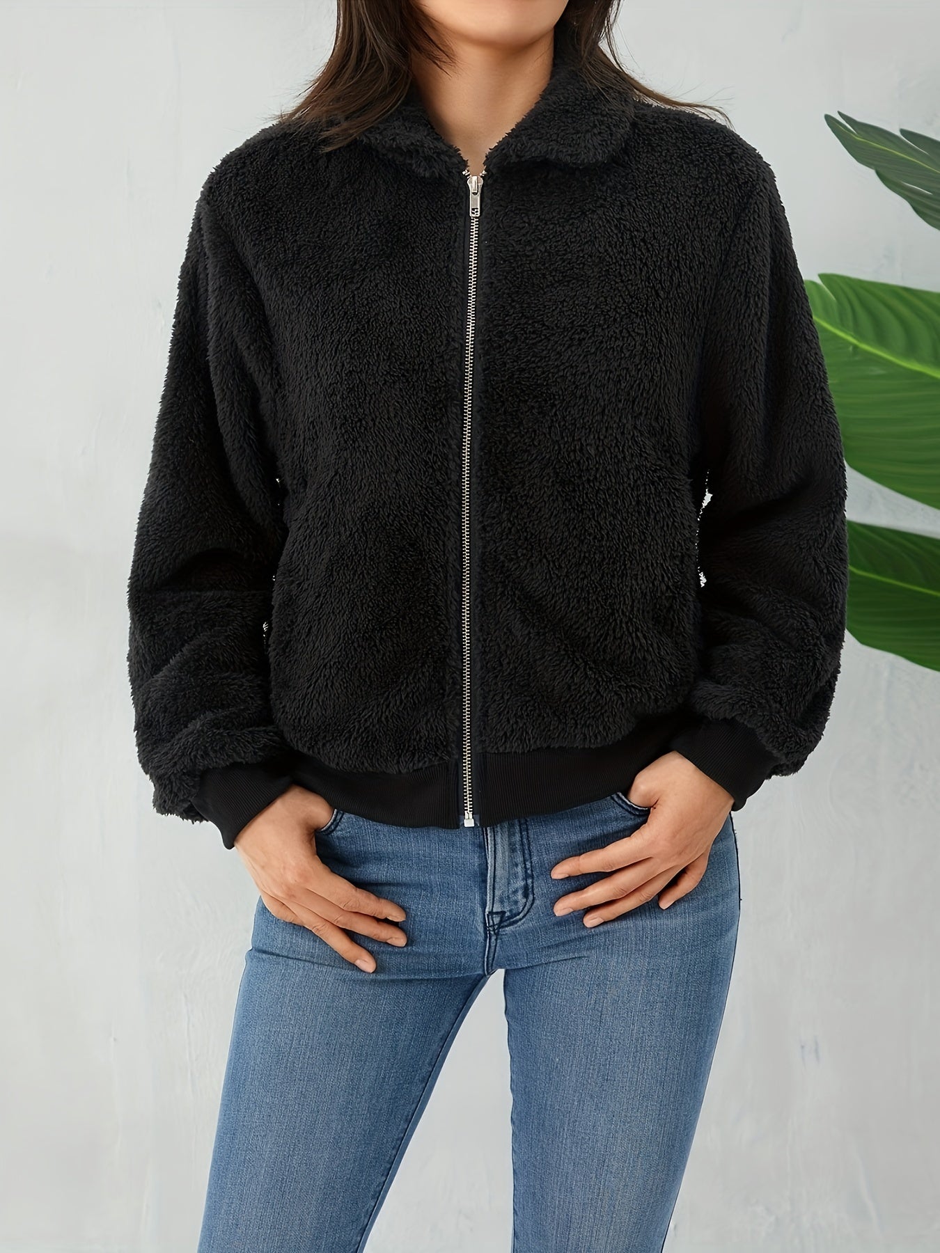 Zip Up Teddy Jacket Solid Casual Long Sleeve Collared Outerwear