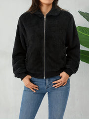 Zip Up Teddy Jacket Solid Casual Long Sleeve Collared Outerwear