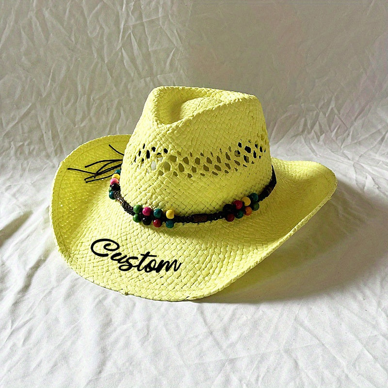 Ethnic Colored Wooden Bead Straw Cowboy Hat