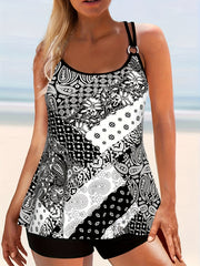 Boho Tankini Set Women's Plus Colorblock Paisley Print Round Neck