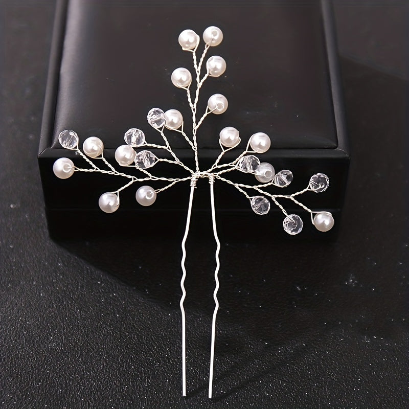 Silvery Crystal Faux Pearl Hairpins U shaped Hair Pin Wedding Bridal Hair Sticks