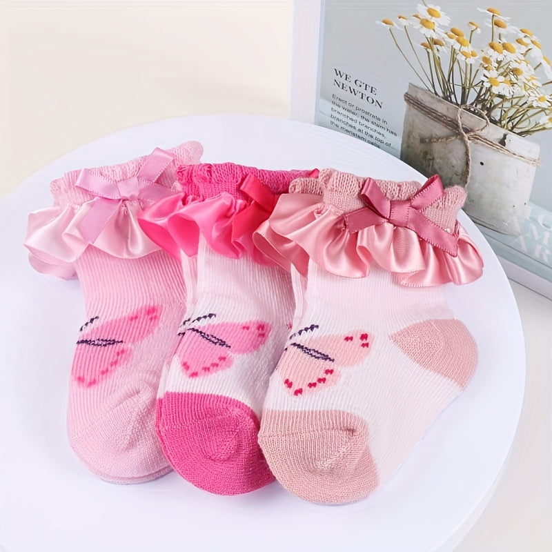 4 Pairs Newborn Baby Girls Ruffled Bow Knit Socks