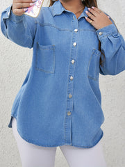 Casual Denim Blouse Women's Plus Solid Pipping Button Up Long Sleeve