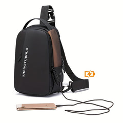 Men's Leather Crossbody Bag USB Charging Port Diagonal Shoulder Bag