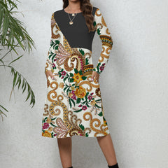 Women's Plus Colorblock Paisley Floral Print Long Sleeve Dress