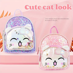 Kids Cartoon Cat Sequin Backpack Mini Waterproof PU Leather Glitter Bag