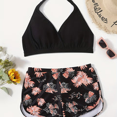Sporty Plus Size Bikini Set: Solid Halter Bra & Floral Print Shorts