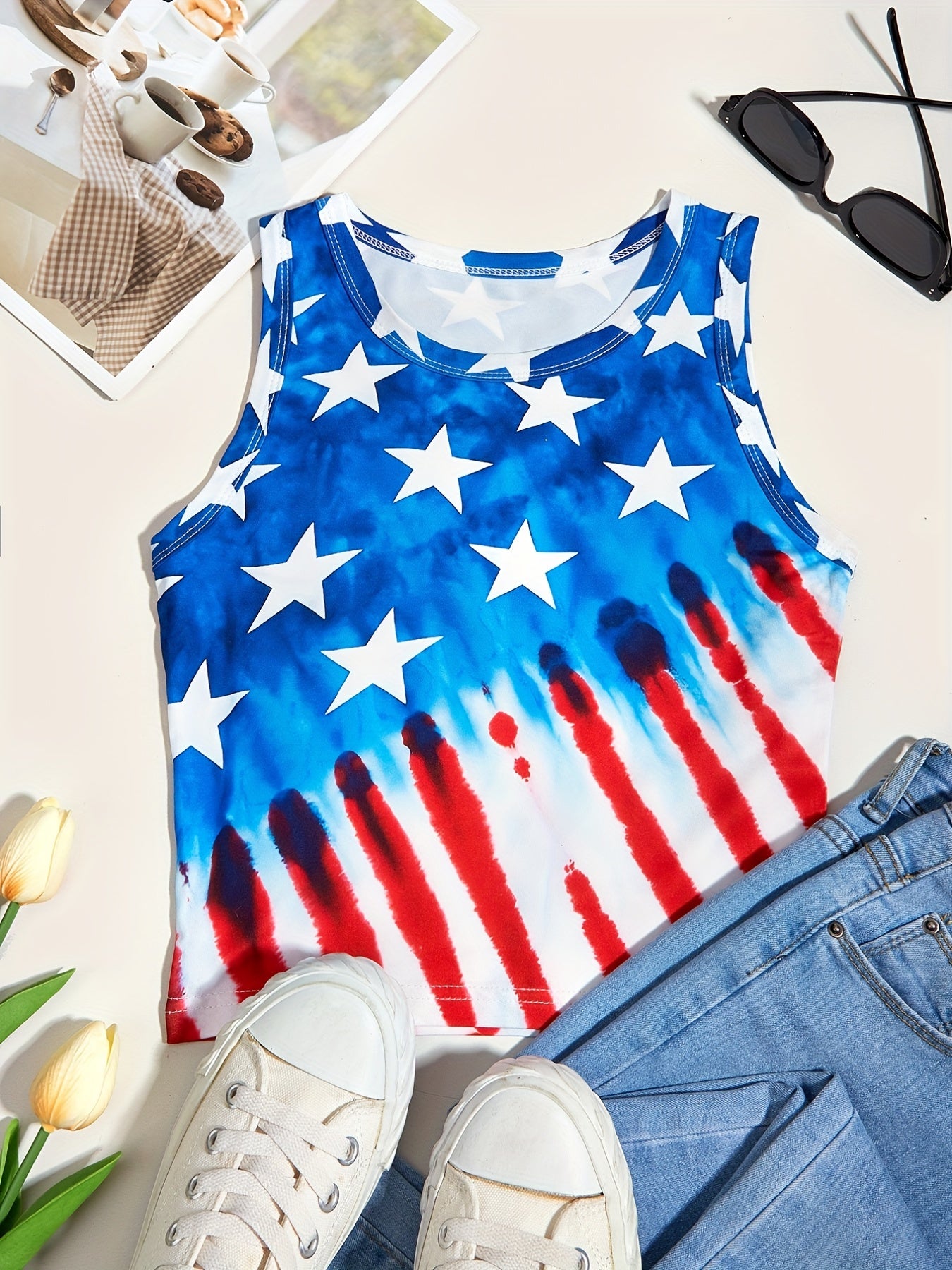 Star & Stripe Print Tank Top Sleeveless for Summer