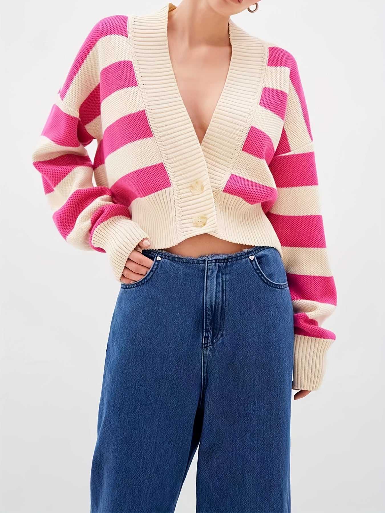 Colorblock Stripe Print Button Up Long Sleeve Crop Cardigan