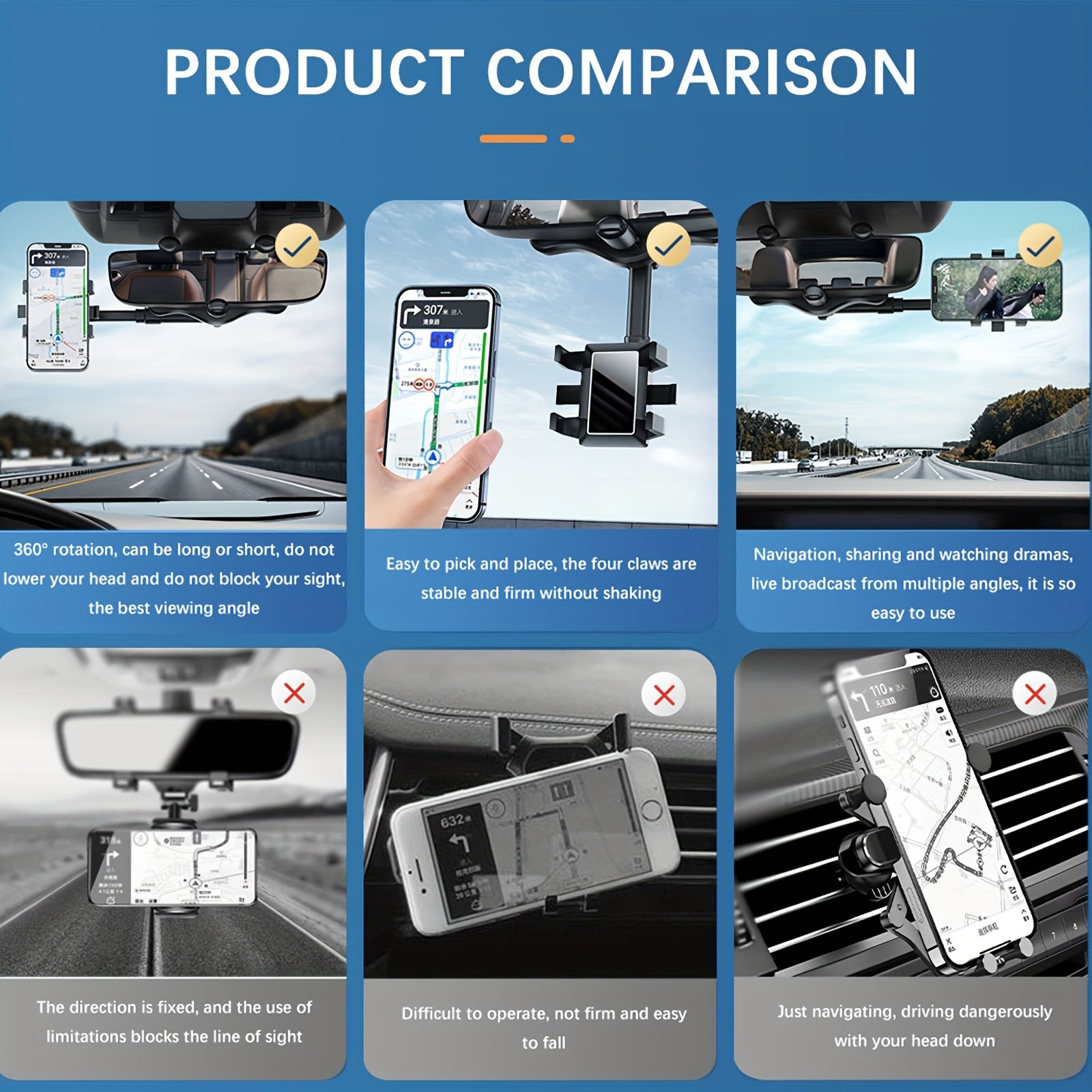 Car Phone Holder Rearview Mirror Mount 360 Rotatable