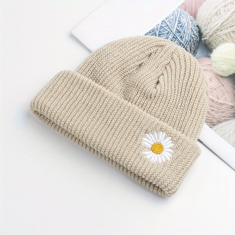 Daisy Embroidery Beanie Solid Skull Cap Lightweight Elastic Warm Knit Hat