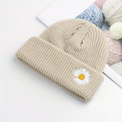Daisy Embroidery Beanie Solid Skull Cap Lightweight Elastic Warm Knit Hat
