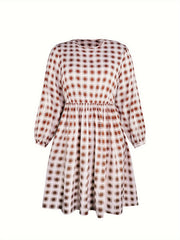 Plus Gingham Print Long Sleeve Round Neck Mini Dress