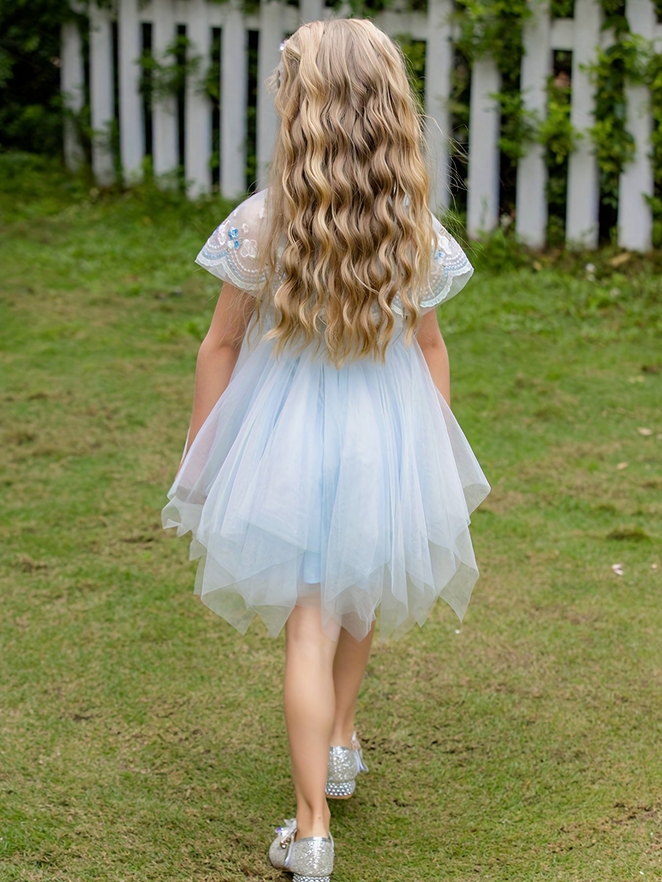 Girls Mesh Lace Collar Embroidered Princess Dress For Birthday Party