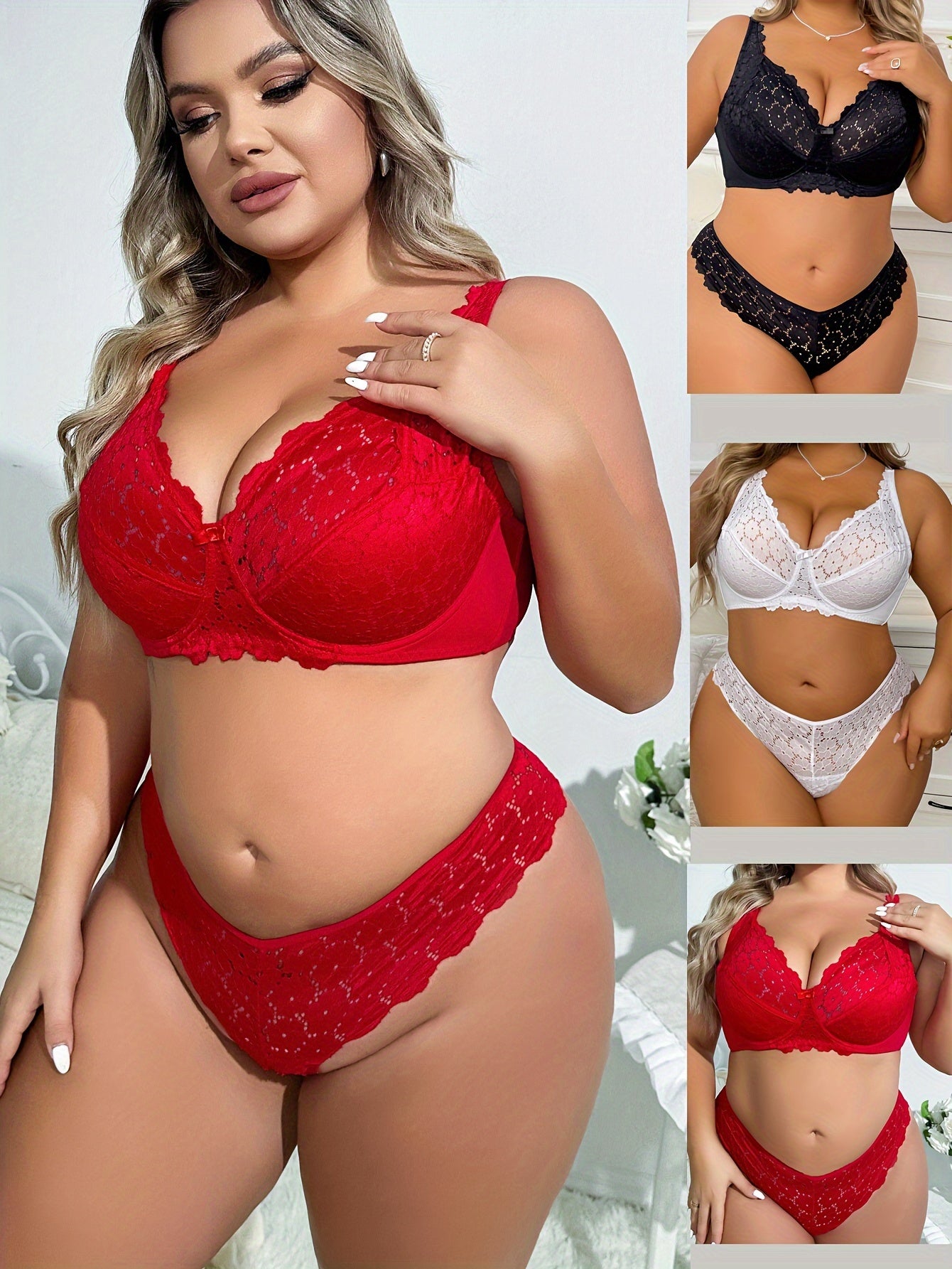 6 Pack Plus Size Lace Full Cover Bra & Panty Lingerie Set