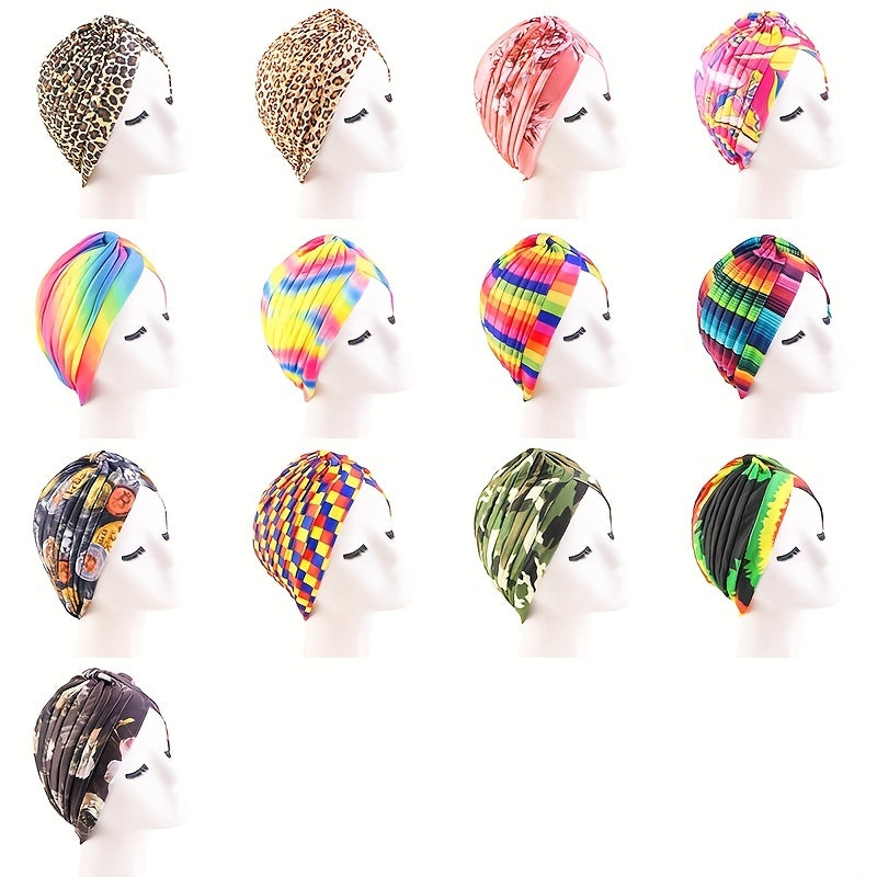 Rainbow Print Knot Turban Cap Pleated Hijab Chemo Hat Elastic Beanie Bonnet