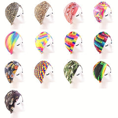 Rainbow Print Knot Turban Cap Pleated Hijab Chemo Hat Elastic Beanie Bonnet