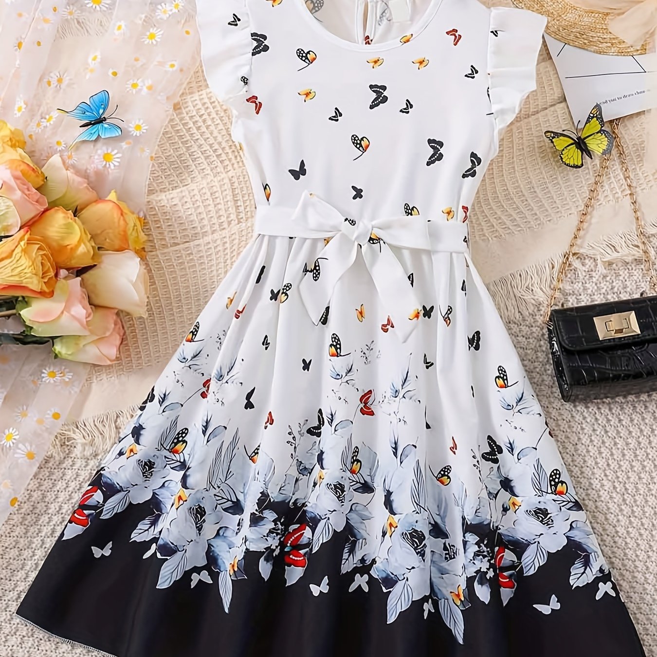 Girls Butterfly Graphic Princess Dress with Ruffle Trim & Belt for Party & Beach