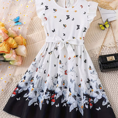 Girls Butterfly Graphic Princess Dress with Ruffle Trim & Belt for Party & Beach