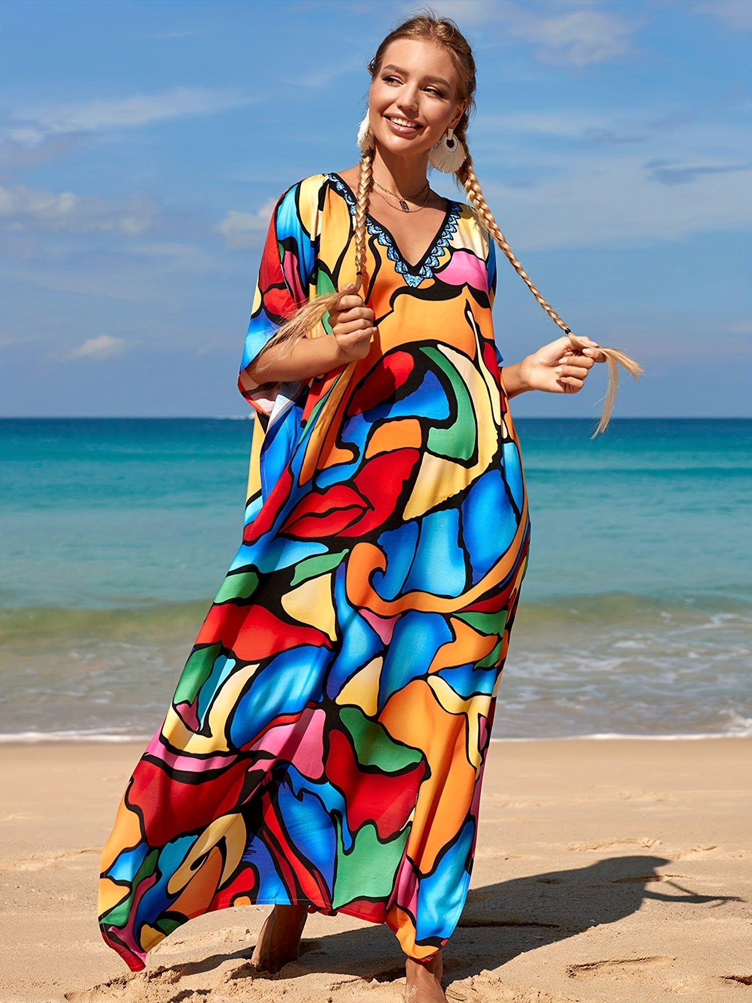Abstract Print Bat Sleeve Cover Up Dress
