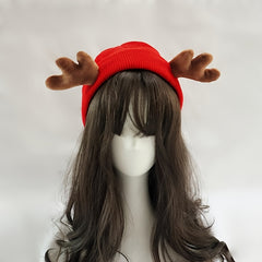 Personalized Christmas Red Knit Beanie Hat with Deer Antlers