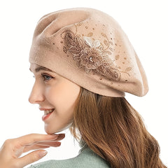 Flower Embroidery Beret Beige Lightweight Warm Berets Cap Women