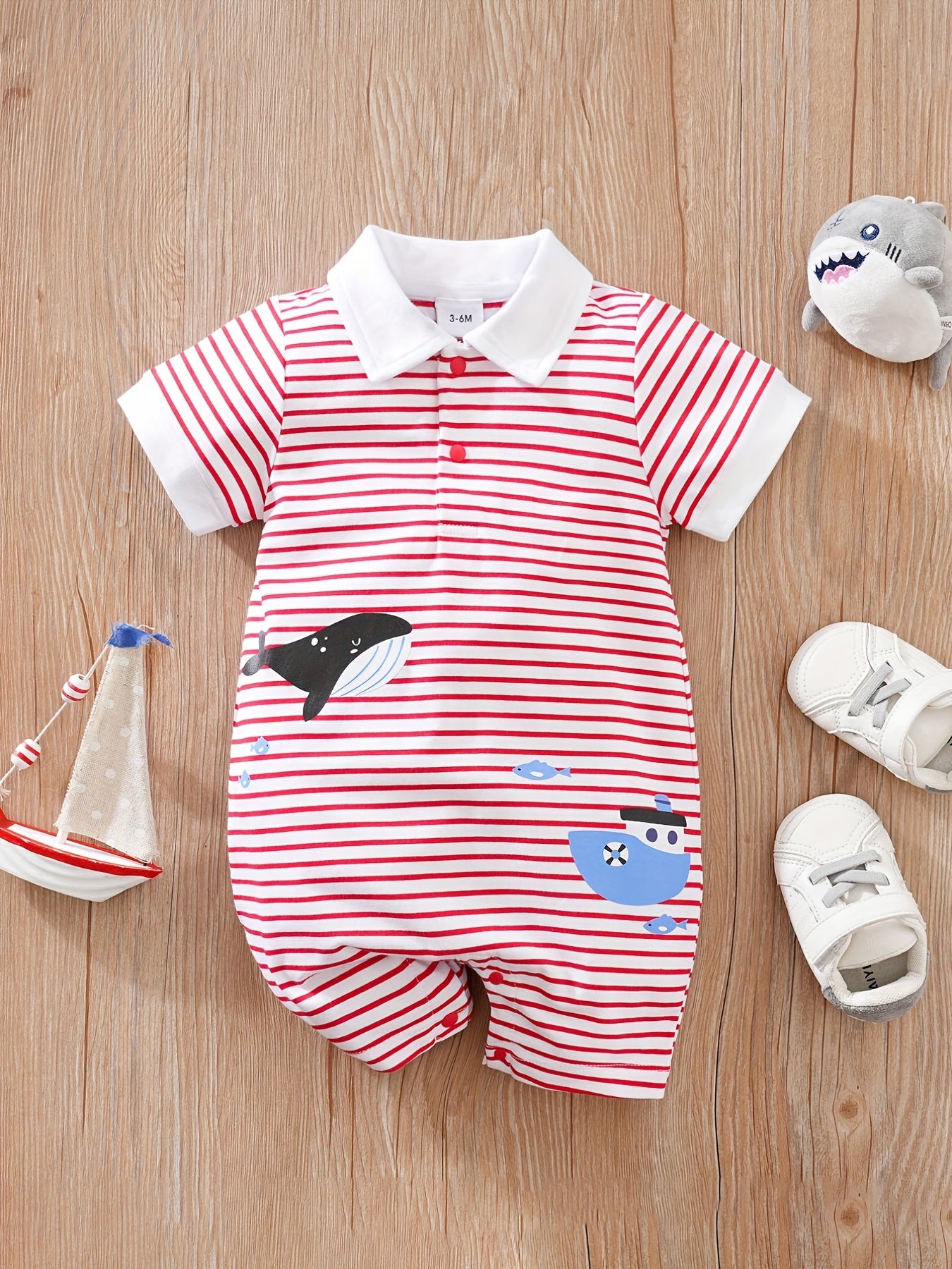 Baby Boys Whale Graphic Striped Romper Jumpsuit Clothes