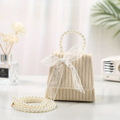 Straw Crossbody Bag with Faux Pearl Handle for Women