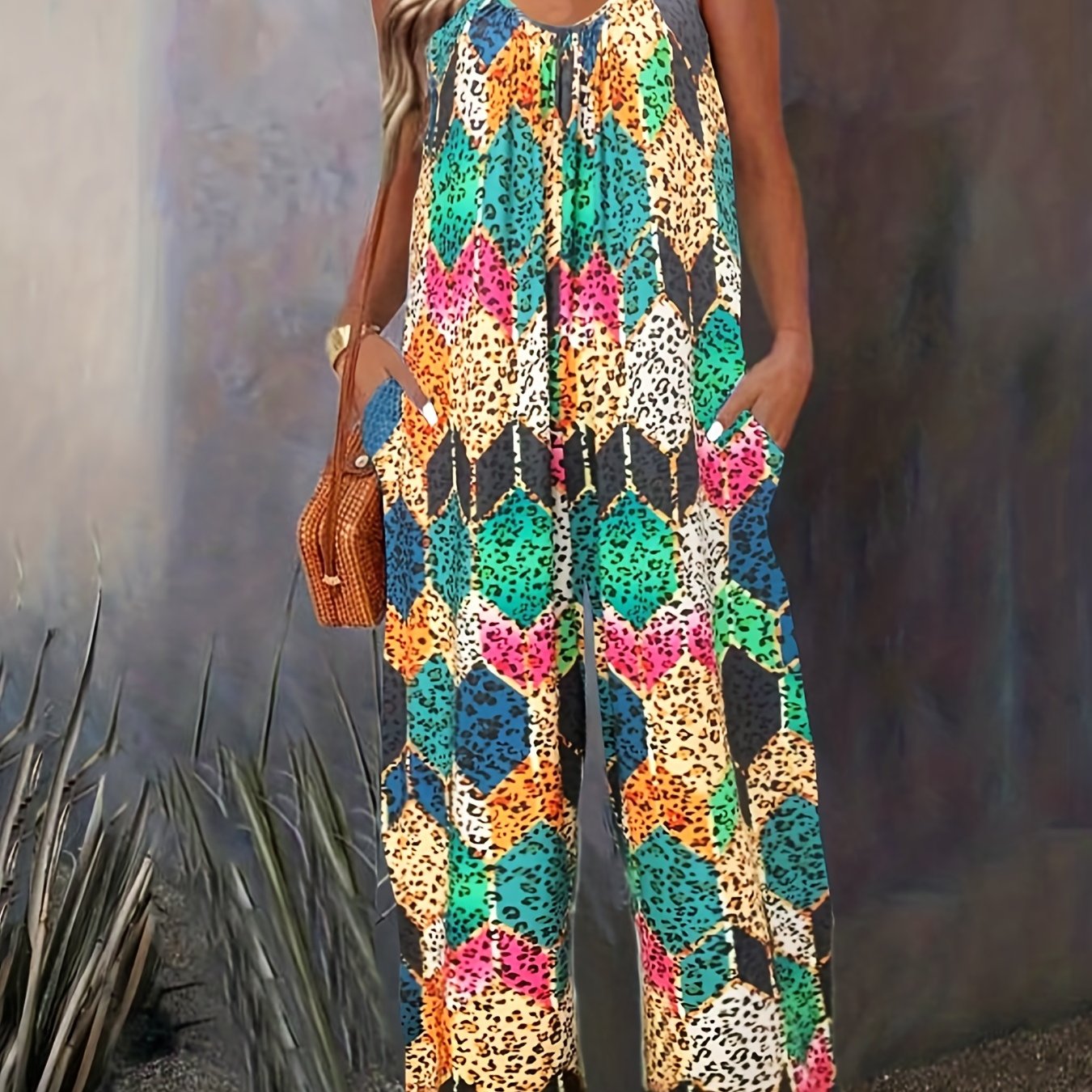 Sexy Geometric & Leopard Print V Neck Wide Leg Jumpsuit