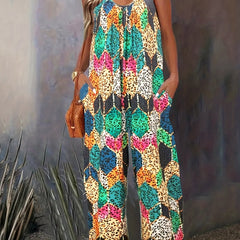 Sexy Geometric & Leopard Print V Neck Wide Leg Jumpsuit