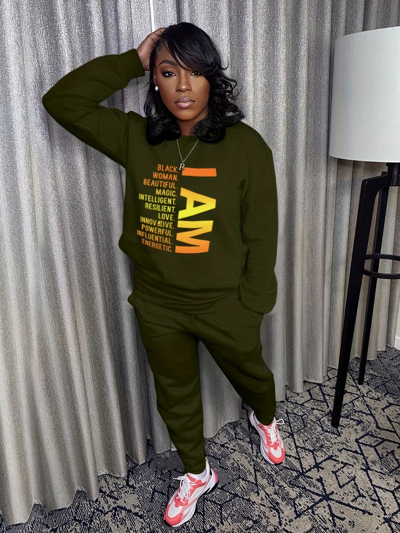 Letter Print Long Sleeve Top & Drawstring Solid Joggers Set