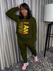 Letter Print Long Sleeve Top & Drawstring Solid Joggers Set