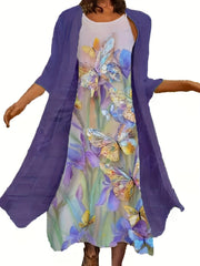 2 Piece Set Half Sleeve Open Front Coat & Floral Print Cami Dress