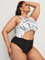 Colorblock Marble Print Cut Out One Piece Swimsuit Women's Plus