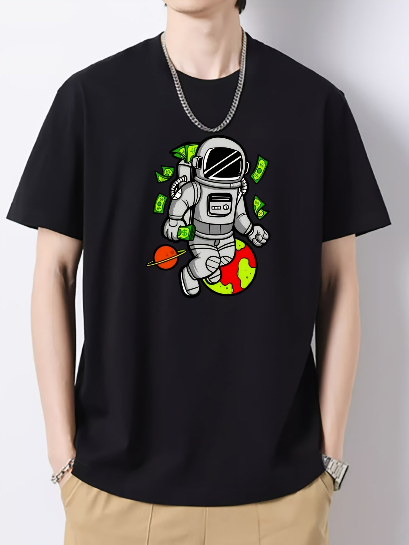 Cartoon Astronaut Print Men's Cotton Graphic Crew Neck Active T shirt