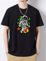 Cartoon Astronaut Print Men's Cotton Graphic Crew Neck Active T shirt