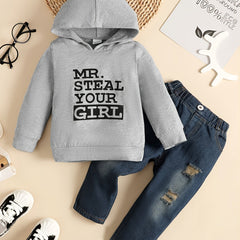 Kids Casual Letter Print Hooded Sweatshirt & Ripped Denim Pants Set