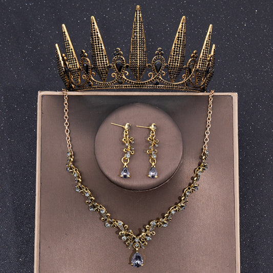 Vintage Bridal Rhinestone Crown Necklace Set Wedding Party Hair Decoration
