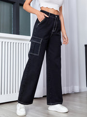 Cargo Jeans High Rise Solid Denim Pants