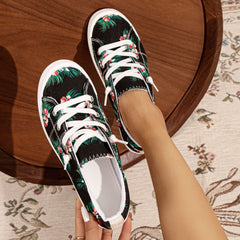 Flower Printed Canvas Lace-up Sneakers Low Top Casual Flat Shoes