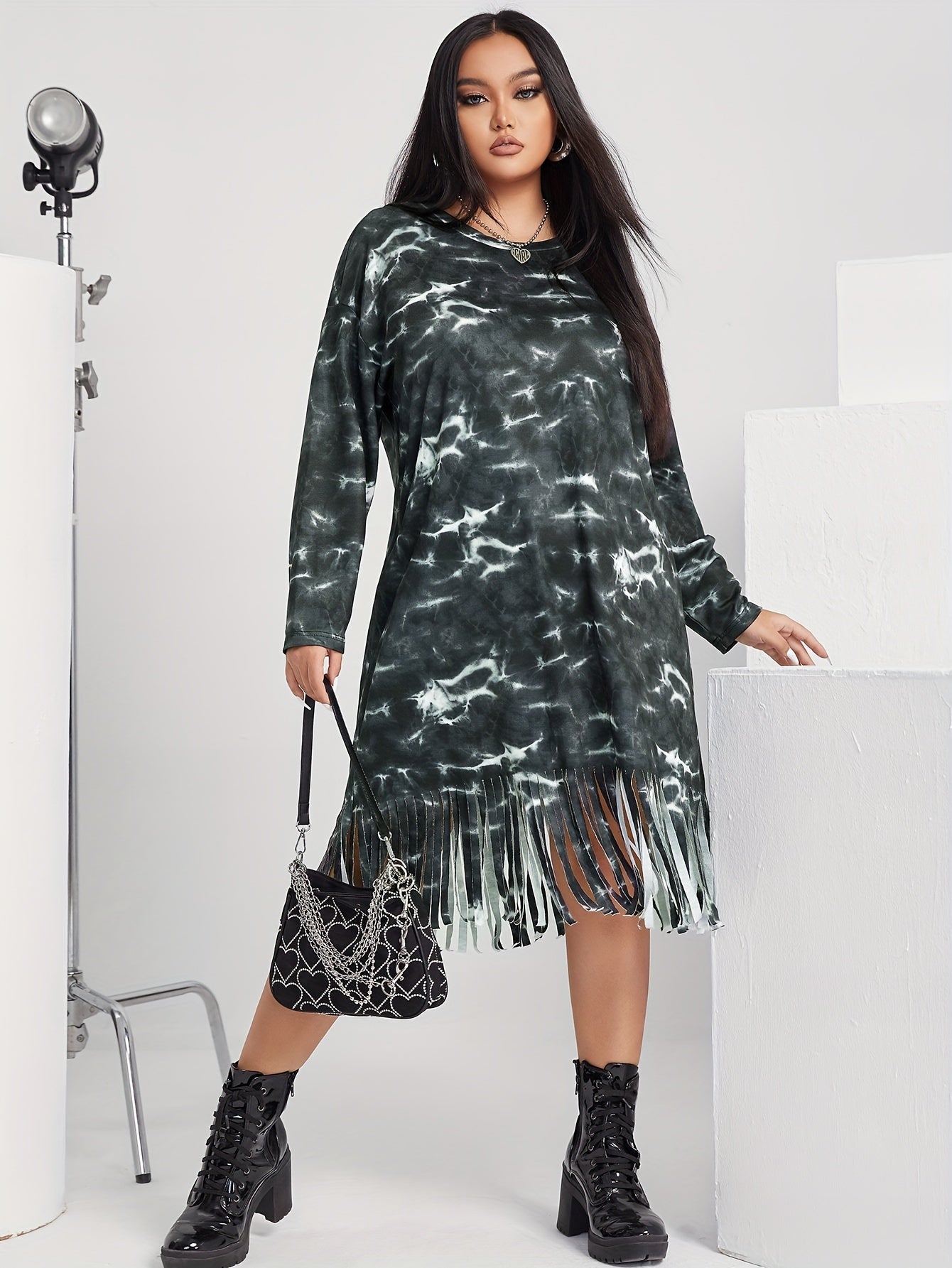Tie Dye Fringe Trim Long Sleeve Dress