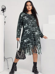 Tie Dye Fringe Trim Long Sleeve Dress