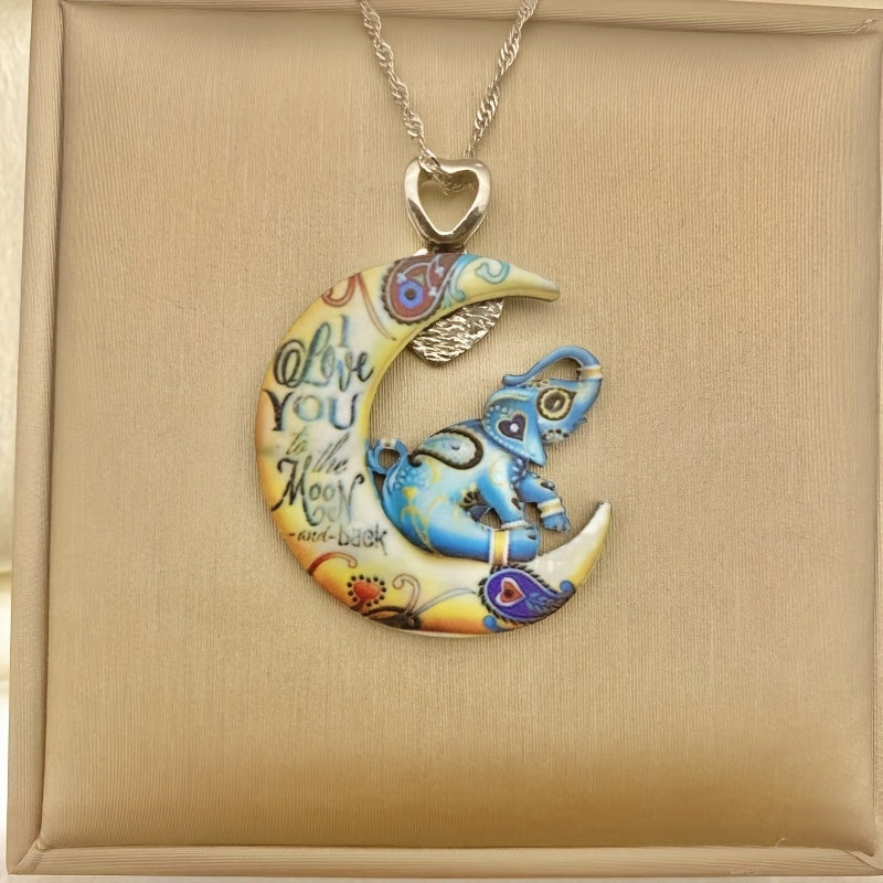 Colorful Funky Animals Elephant Moon Pendant Necklace Jewelry Accessories