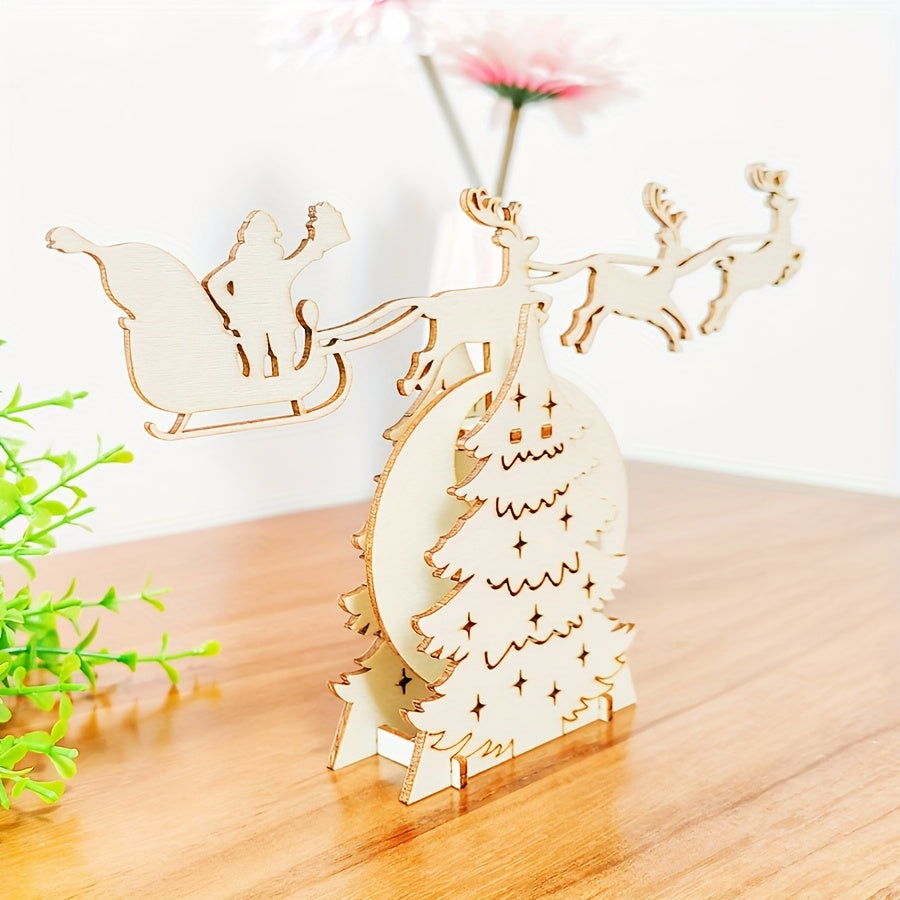 DIY 3D Reindeer & Sleigh Craft Kit Wood Carving Model Santa's