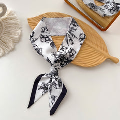 Flower Print Satin Twilly Scarf Long Neck Ribbon for Women