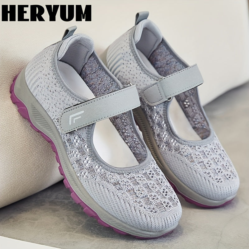 Women's Breathable Knit Sneakers Comfortable Closed Toe Hook & Loop Strap Shoes