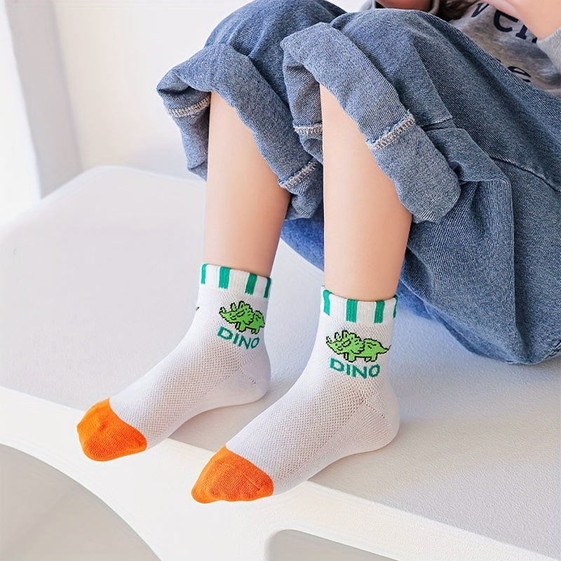 5 Pairs Boys Dino Print Crew Socks Thin Breathable Striped Casual Knit Socks