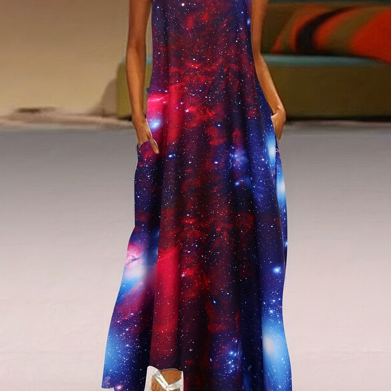 Galaxy Print V Neck Tank Dress Casual Sleeveless Dress For Spring & Summer