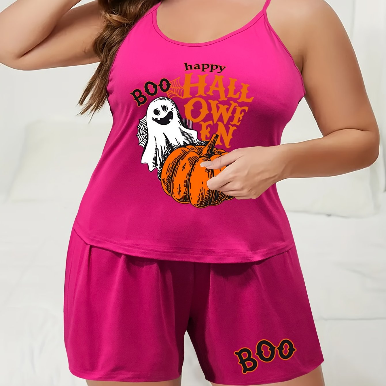 Halloween Pajama Set Women's Plus Ghost & Pumpkin Print Top & Shorts