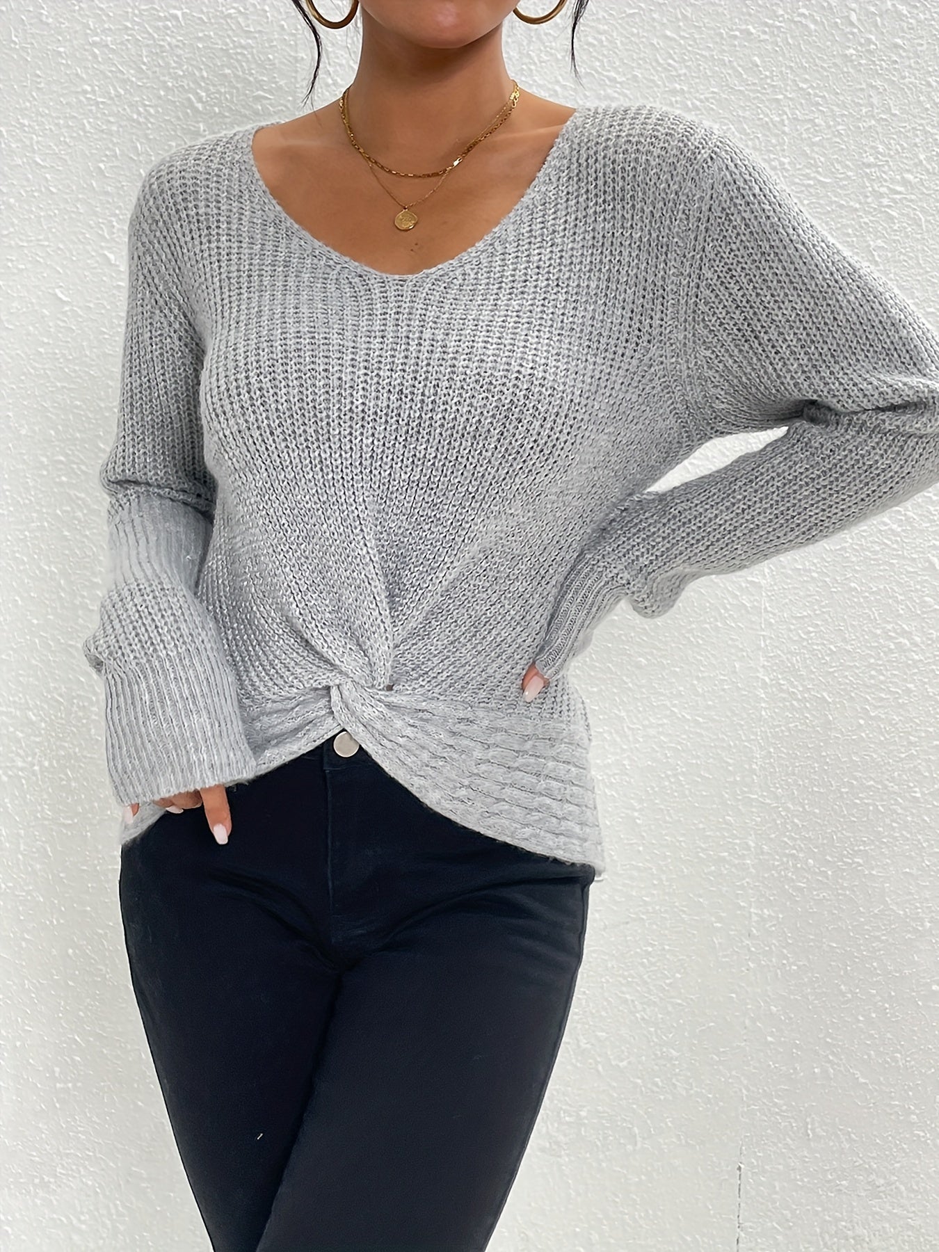 Twist Front V Neck Sweater Long Sleeve Casual Winter Fall Women's Clothing